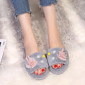2024 fall/winter new japanese-style fuzzy slippers with floral design, rhinestone accents, warm and soft, single-strap flip-flops, trending online