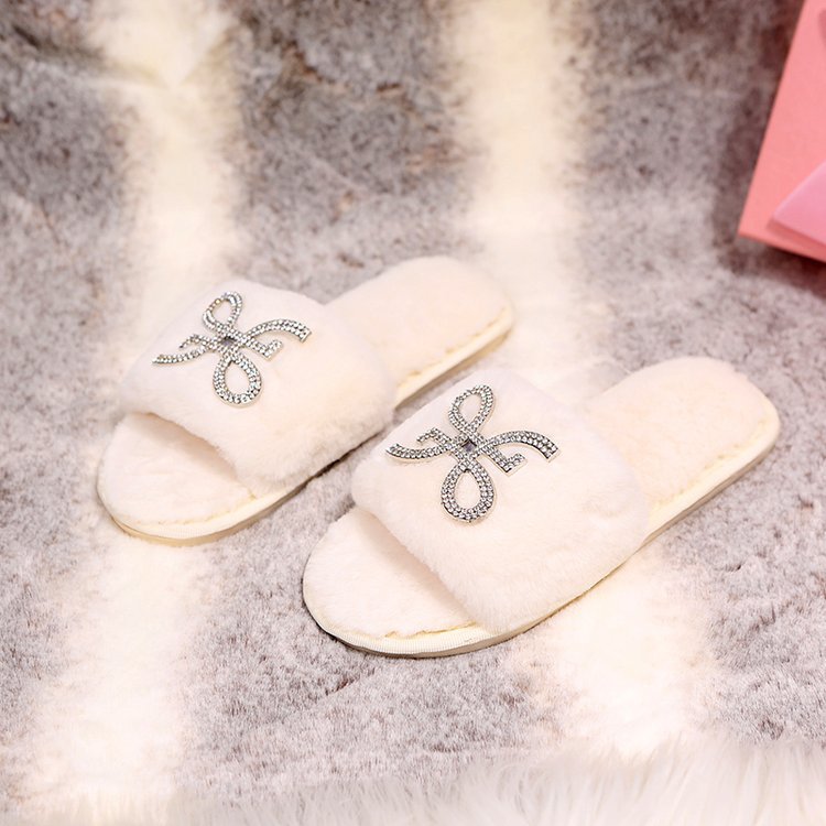 Women's slippers - autumn/winter indoor flat warm slides with rhinestone detail, fashionable open toe, comfortable lazy slippers with furry trim