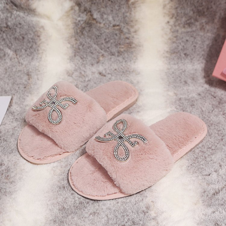 Women's slippers - autumn/winter indoor flat warm slides with rhinestone detail, fashionable open toe, comfortable lazy slippers with furry trim