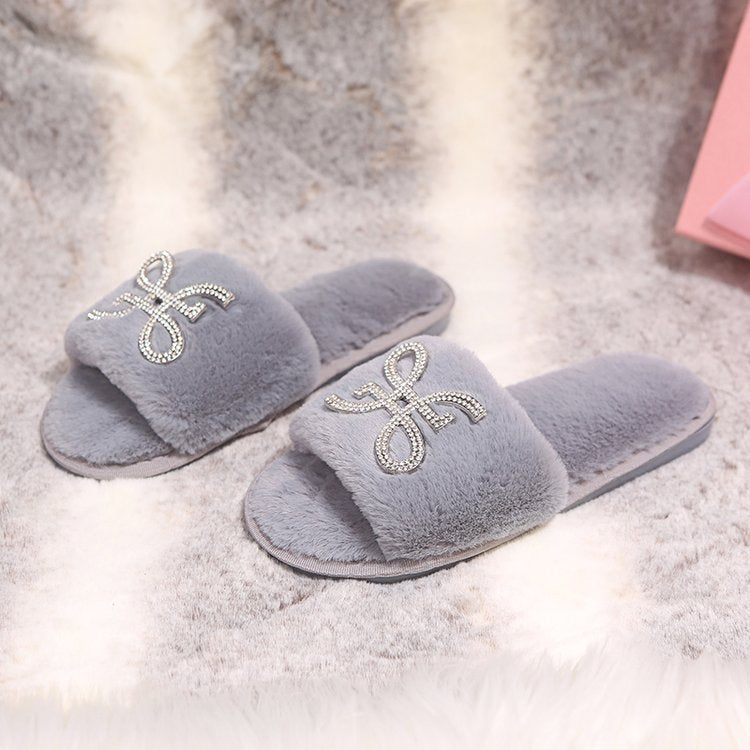 Women's slippers - autumn/winter indoor flat warm slides with rhinestone detail, fashionable open toe, comfortable lazy slippers with furry trim