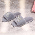 Women's slippers - autumn/winter indoor flat warm slides with rhinestone detail, fashionable open toe, comfortable lazy slippers with furry trim