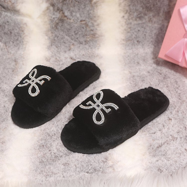 Women's slippers - autumn/winter indoor flat warm slides with rhinestone detail, fashionable open toe, comfortable lazy slippers with furry trim