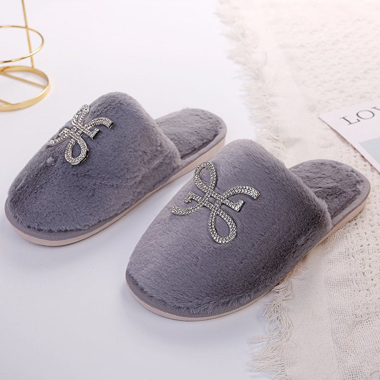 2024 new winter home cotton slippers indoor flat warm plush cotton slippers for men and women rhinestone toe cotton slippers