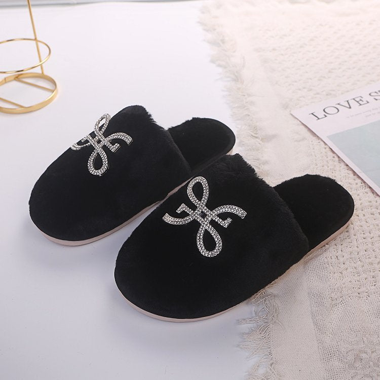 2024 new winter home cotton slippers indoor flat warm plush cotton slippers for men and women rhinestone toe cotton slippers