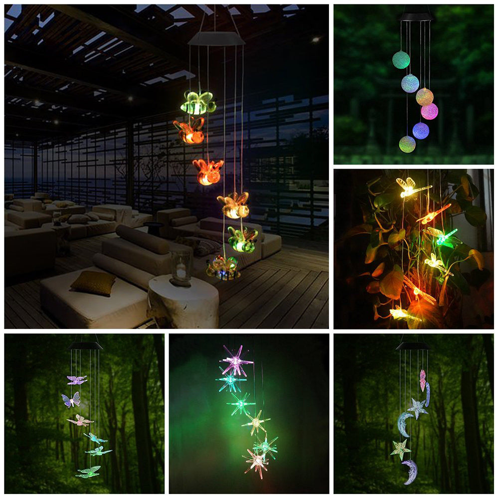 's new solar wind chime light, rice ball hummingbird color-changing light string LED outdoor garden decoration hanging light
