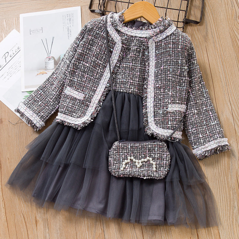 Girls' dress autumn new arrivals: korean & japanese style chic chanel-inspired three-piece set, girls' outfit, children's clothing, princess dress