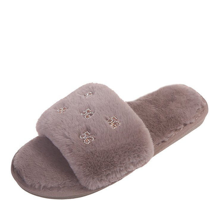 K-styleflatsstuffedoutwearfall and winter shoes slippersfashion2024new arrivalautumnet celebrity one-line slippers furry slippers for women