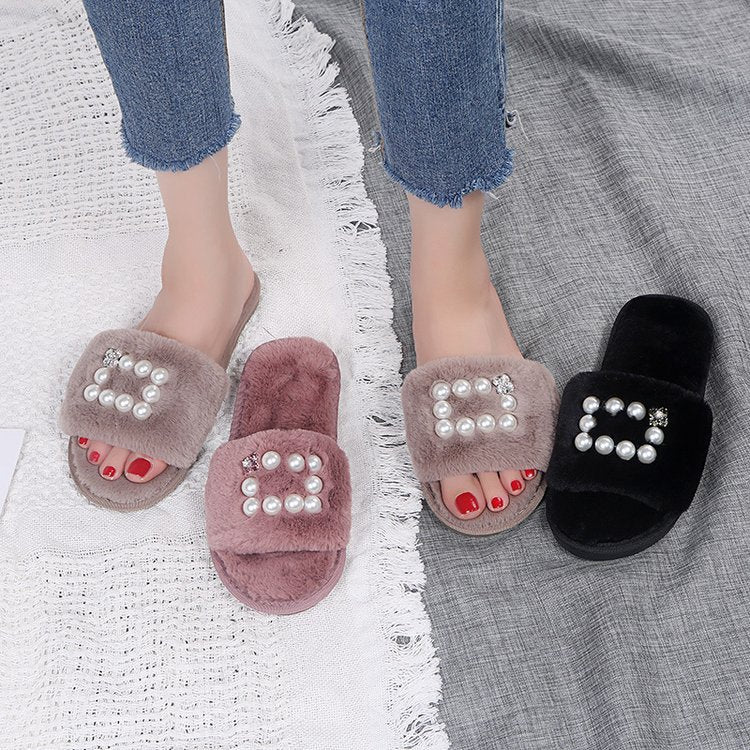 Factory direct new cotton slippers pearl plush slippers women's korean style fuzzy slippers dropshipping available