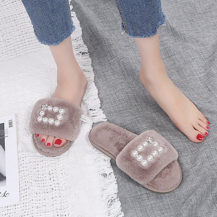 Factory direct new cotton slippers pearl plush slippers women's korean style fuzzy slippers dropshipping available