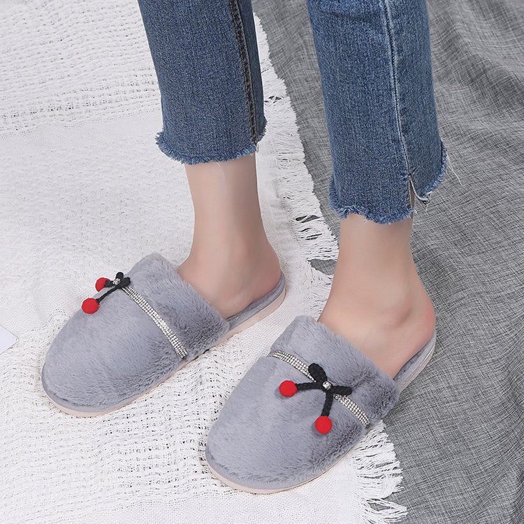Winter indoor baotou fleece-lined confinement shoes parent-child bows home shoes rhinestone heattechflats cotton slippers
