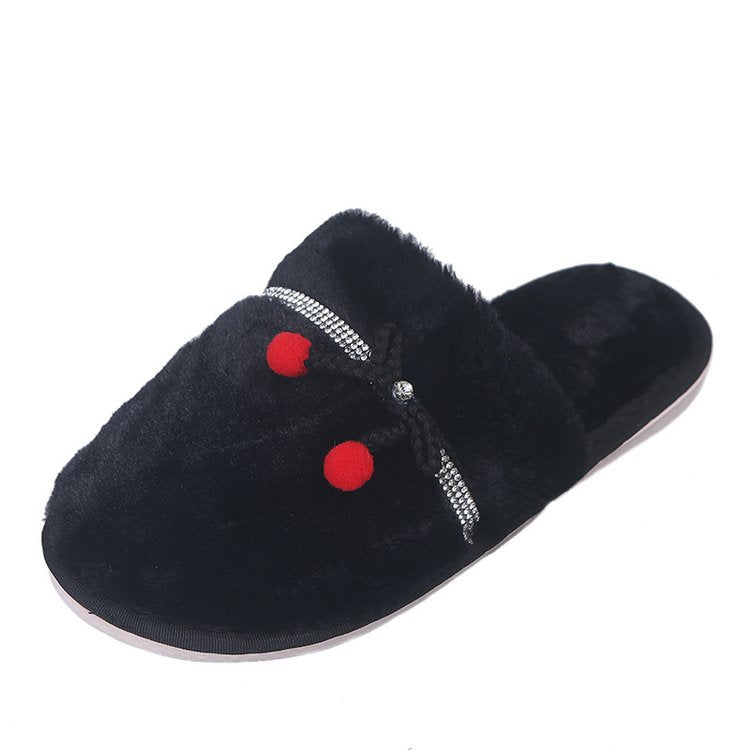Winter indoor baotou fleece-lined confinement shoes parent-child bows home shoes rhinestone heattechflats cotton slippers