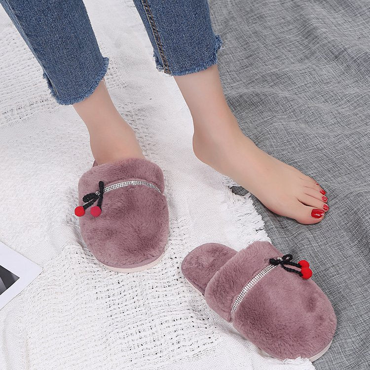 Winter indoor baotou fleece-lined confinement shoes parent-child bows home shoes rhinestone heattechflats cotton slippers