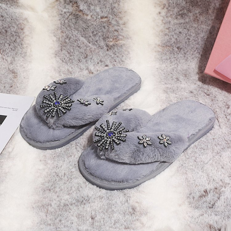 New spring/autumn women's plush flip-flops, fuzzy thong sandals, flat fashion maternity slippers - wholesale