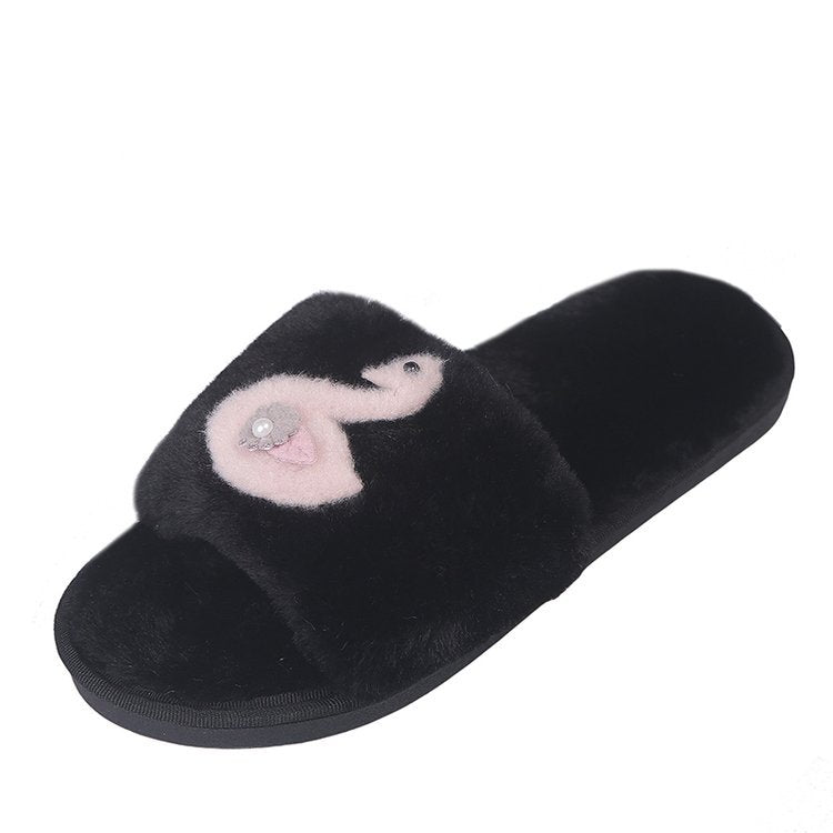 Autumn/winter korean style cute cartoon swan fuzzy slippers with pearl embellishments, plush one-strap slippers, warm home cotton slippers, dropshipping available