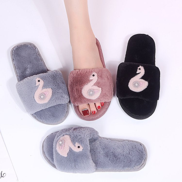 Autumn/winter korean style cute cartoon swan fuzzy slippers with pearl embellishments, plush one-strap slippers, warm home cotton slippers, dropshipping available