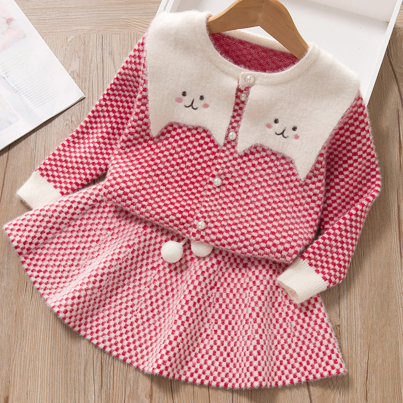 Cute autumn baby and toddler skirt suit baby girl cartoon chidori grids cute cat sweater skirt suit for street stalls