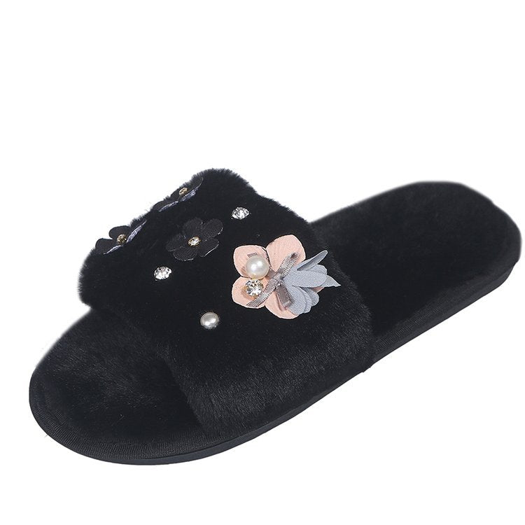 Fall and winternew arrivalstuffed open-toe slippers handmade pearl rhinestone white women's home flower flip-flops heattech