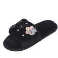 Fall and winternew arrivalstuffed open-toe slippers handmade pearl rhinestone white women's home flower flip-flops heattech