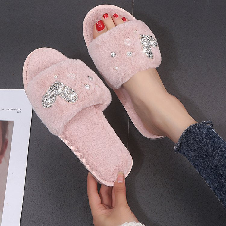 2024new arrivalstuffed slippers women's one-line heattechk-style home confinement shoes indoor and outdoor flat heel women's cotton slippers