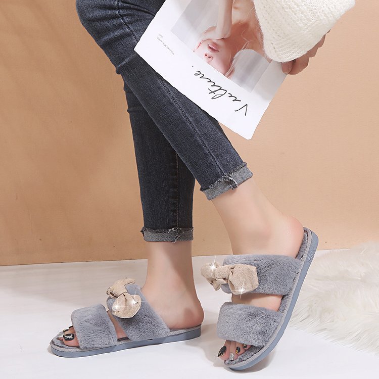 European and american new rhinestone furry slippers women's cross-border one-strap bow indoor ladies slippers autumn and winter furry slippers