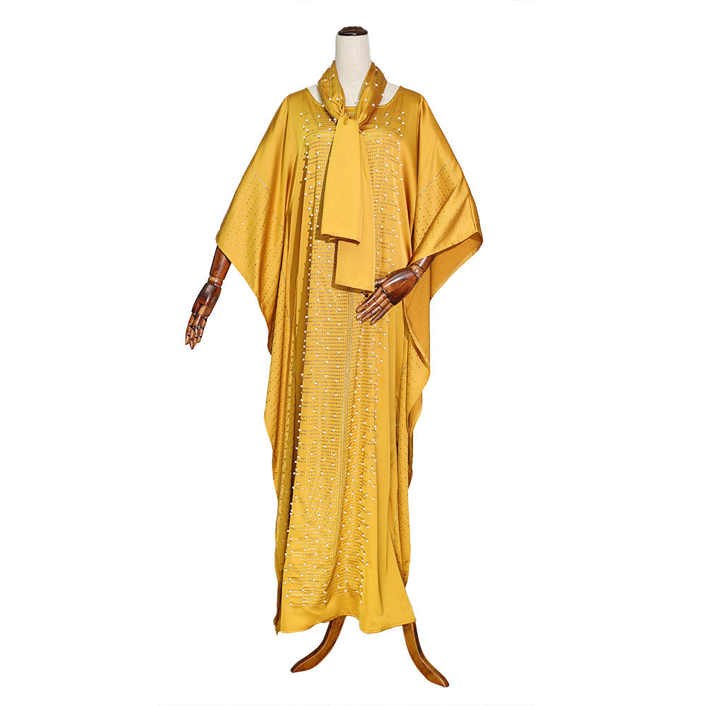 african plus size women's clothing heavy industry hot diamond beading silk satin round neck wide bat sleeve robe matching headscarf