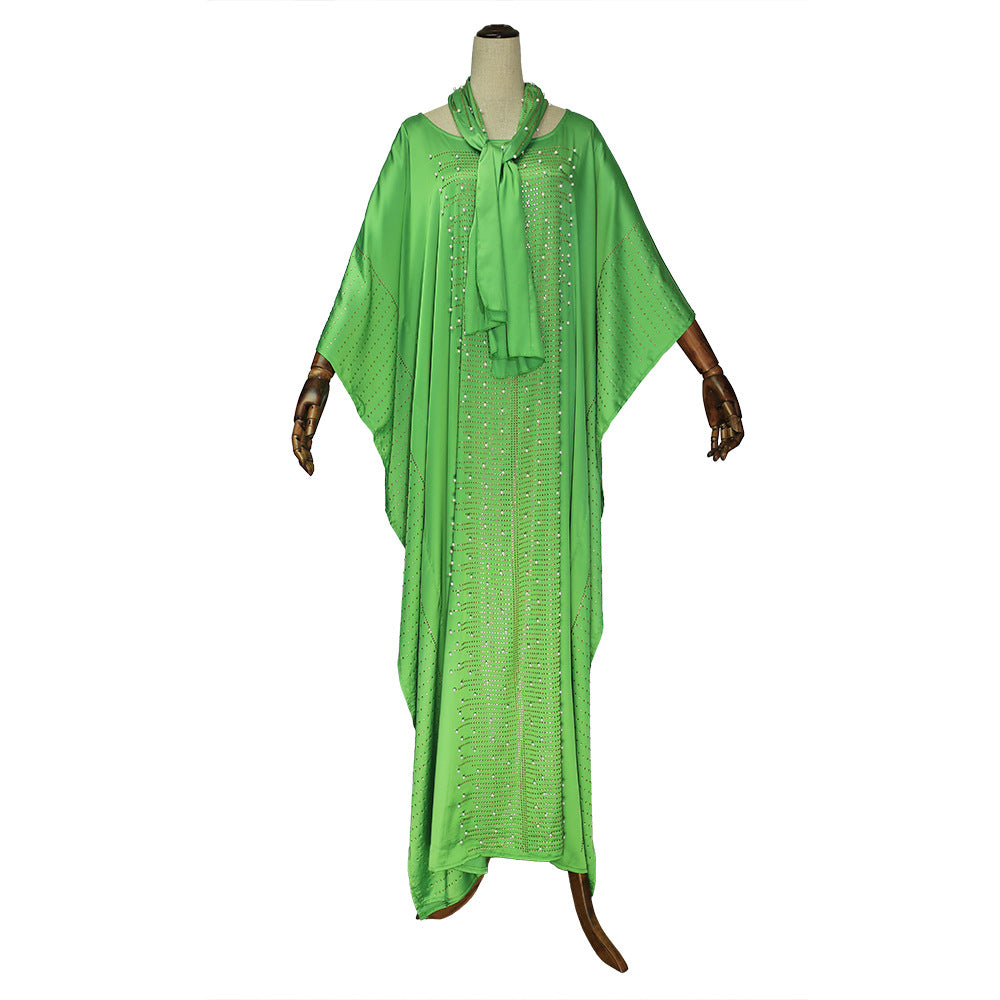 african plus size women's clothing heavy industry hot diamond beading silk satin round neck wide bat sleeve robe matching headscarf