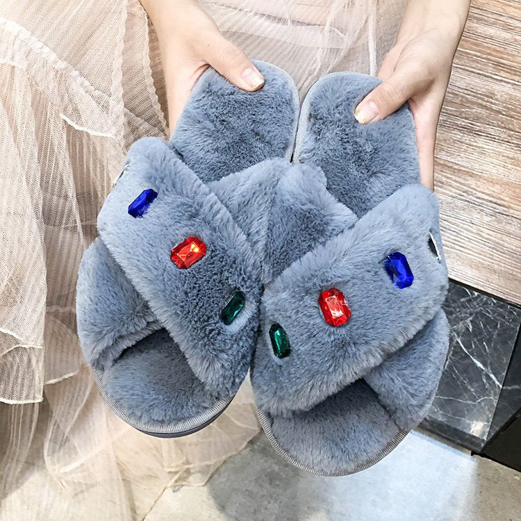 Export 2024new arrivalall year round slippers women's flats cross stuffed indoor home open rhinestone fur slippers cotton slippers