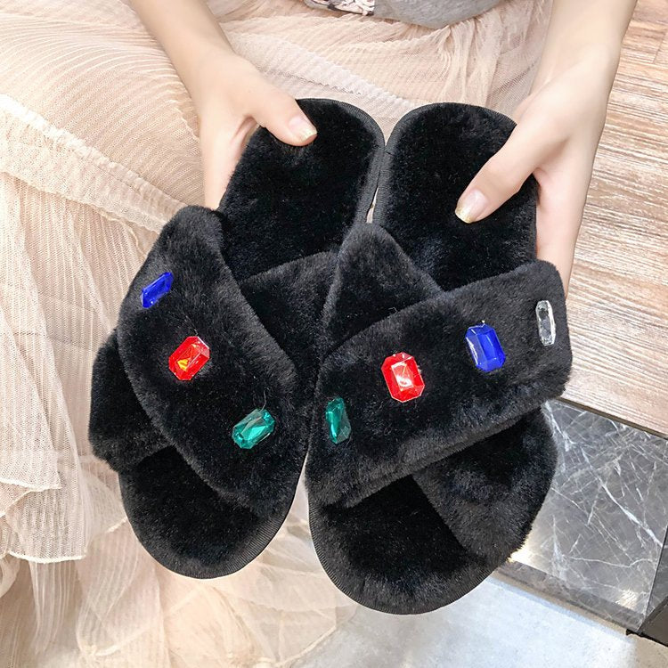 Export 2024new arrivalall year round slippers women's flats cross stuffed indoor home open rhinestone fur slippers cotton slippers