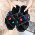 Export 2024new arrivalall year round slippers women's flats cross stuffed indoor home open rhinestone fur slippers cotton slippers