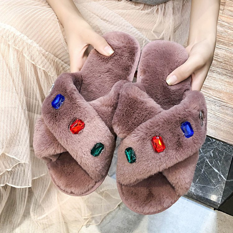 Export 2024new arrivalall year round slippers women's flats cross stuffed indoor home open rhinestone fur slippers cotton slippers