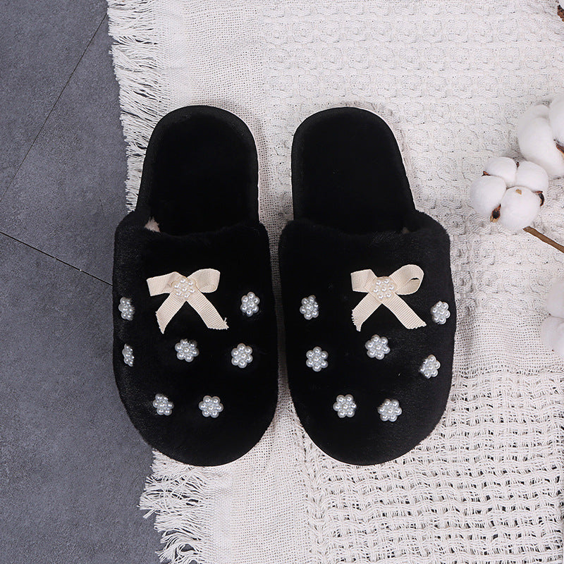 New arrivalfall and winterflowerbows cotton slippers women's home stuffed slippers one piece drop shipping baotou cotton slippers