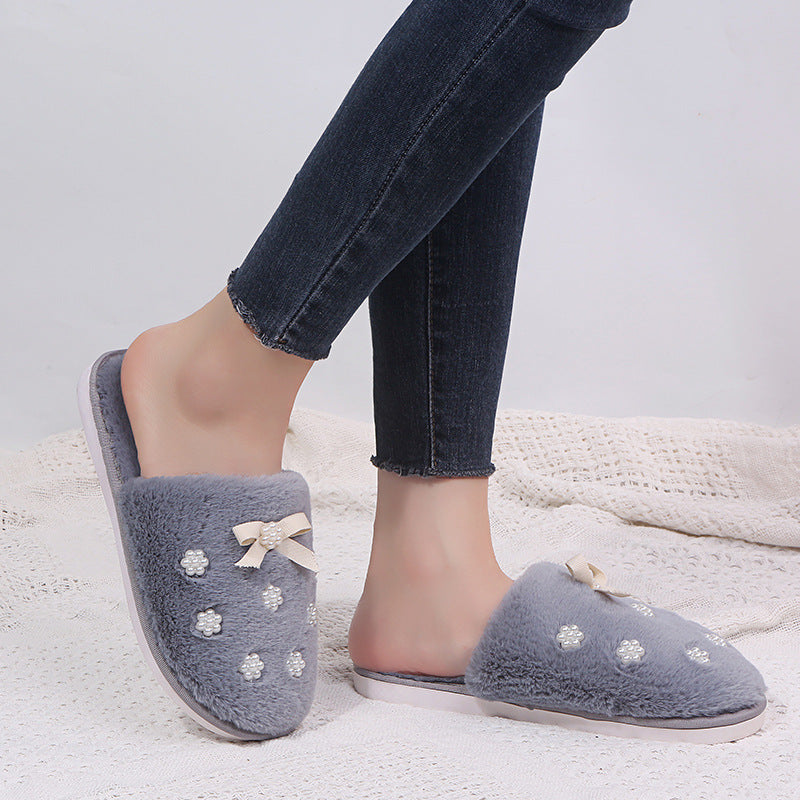 New arrivalfall and winterflowerbows cotton slippers women's home stuffed slippers one piece drop shipping baotou cotton slippers