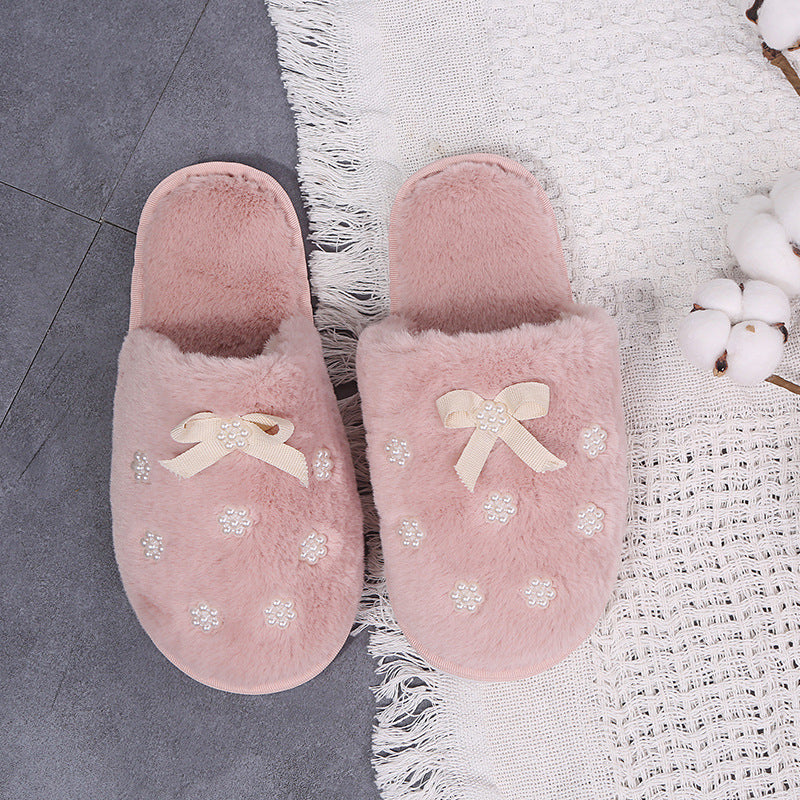New arrivalfall and winterflowerbows cotton slippers women's home stuffed slippers one piece drop shipping baotou cotton slippers