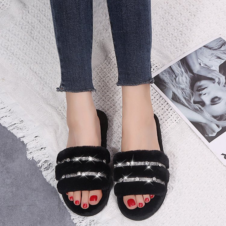 New women's fuzzy slippers wholesale - korean style one-strap cotton slippers, home & outdoor wear, rhinestone flat bottom plush slippers for women