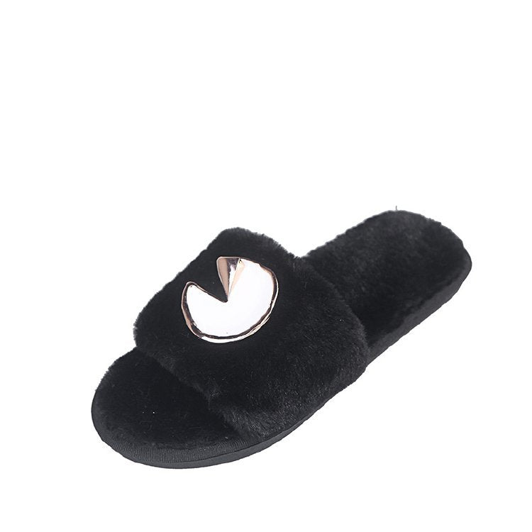 2024 fall/winter new trendy fuzzy slippers for women, outdoor wear, flat one-strap slides, chunky metal sole, korean style fuzzy shoes