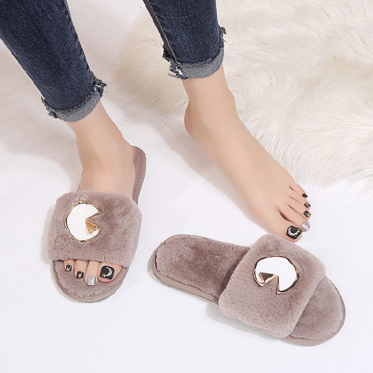 2024 fall/winter new trendy fuzzy slippers for women, outdoor wear, flat one-strap slides, chunky metal sole, korean style fuzzy shoes