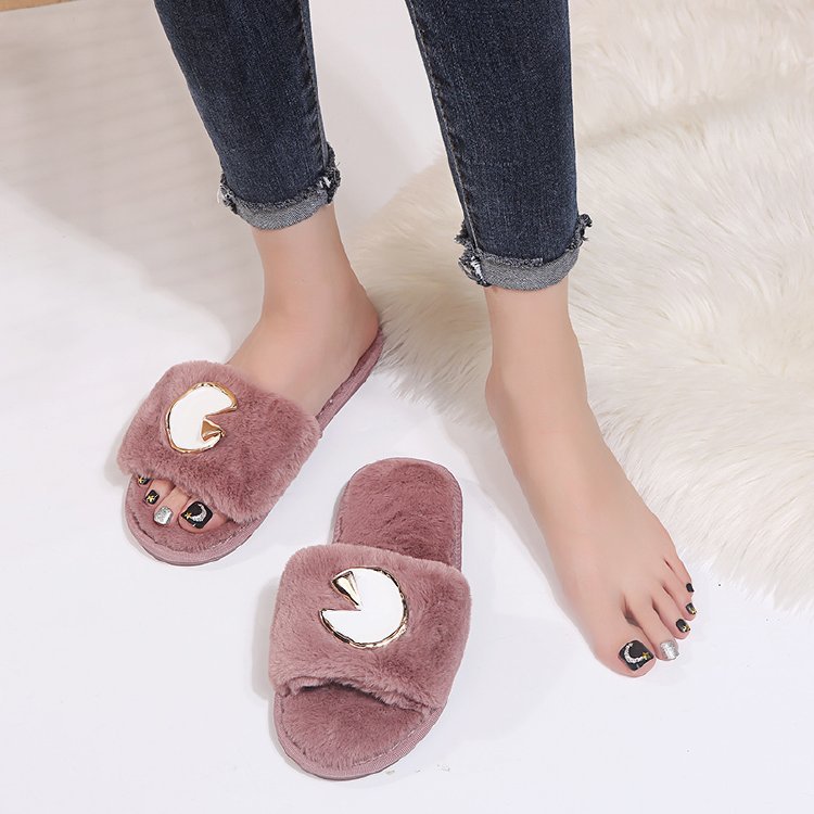 2024 fall/winter new trendy fuzzy slippers for women, outdoor wear, flat one-strap slides, chunky metal sole, korean style fuzzy shoes