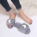 2024 fall/winter new trendy fuzzy slippers for women, outdoor wear, flat one-strap slides, chunky metal sole, korean style fuzzy shoes