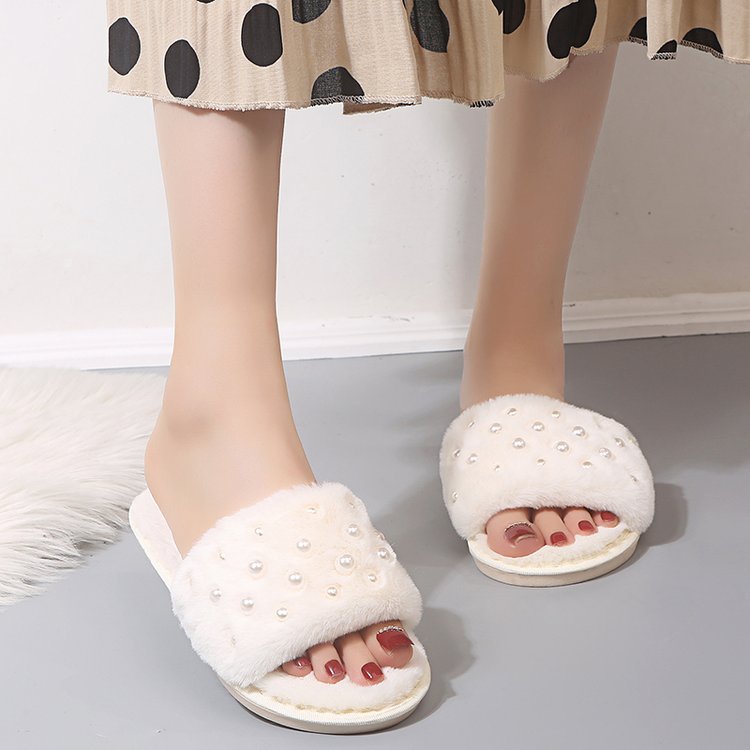 Spring fallwinter pearl flip flop women's fleece-linedheattech slippers trendy plaid indoor cotton slippers student slippers women