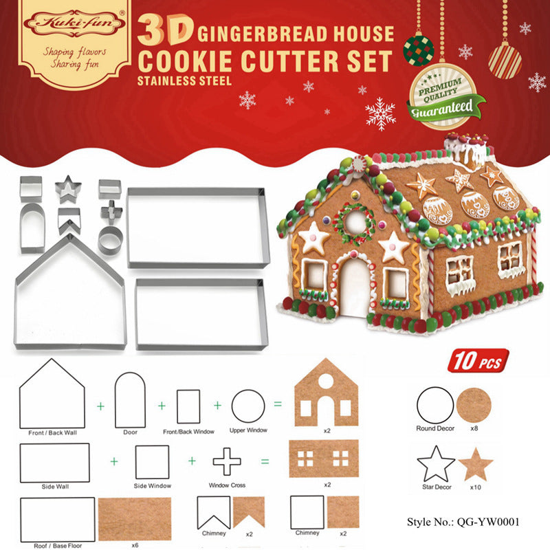 Factory direct new arrival: 3d stainless steel cookie cutter set - christmas gingerbread house 10-piece baking tool kit