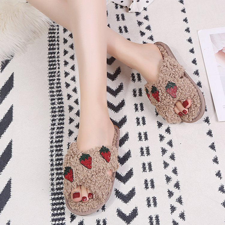Women's slippers - 2024 autumn/winter collection: korean style fashionable lambswool thong sandals, cross-strap flat, lazy slippers