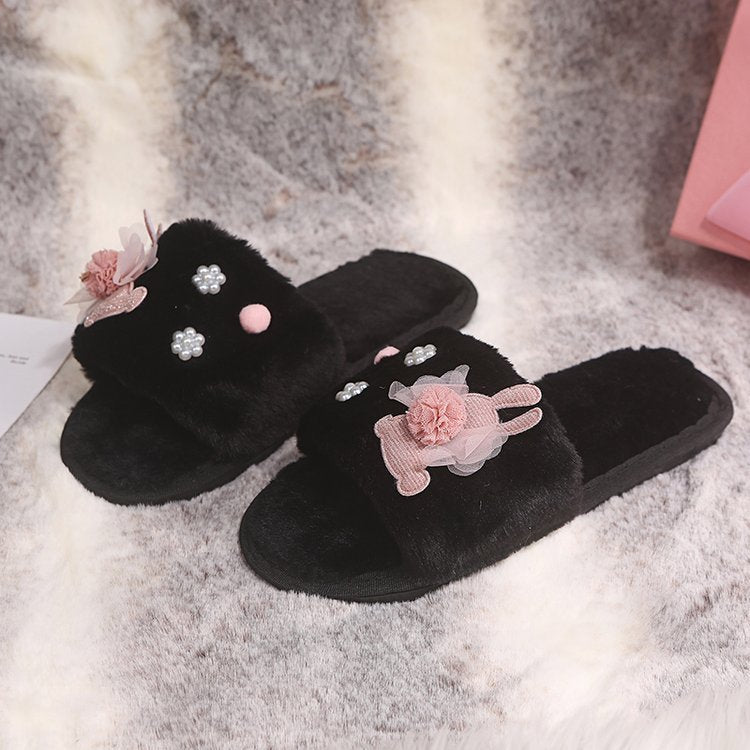 2024 fall/winter new japanese-style fuzzy slippers with floral design, rhinestone accents, warm and soft, single-strap flip-flops, trending online