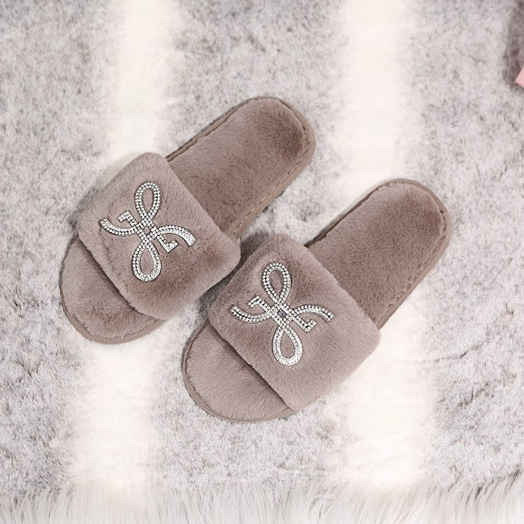 Women's slippers - autumn/winter indoor flat warm slides with rhinestone detail, fashionable open toe, comfortable lazy slippers with furry trim