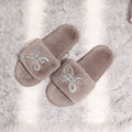 Women's slippers - autumn/winter indoor flat warm slides with rhinestone detail, fashionable open toe, comfortable lazy slippers with furry trim