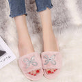 Women's slippers - autumn/winter indoor flat warm slides with rhinestone detail, fashionable open toe, comfortable lazy slippers with furry trim