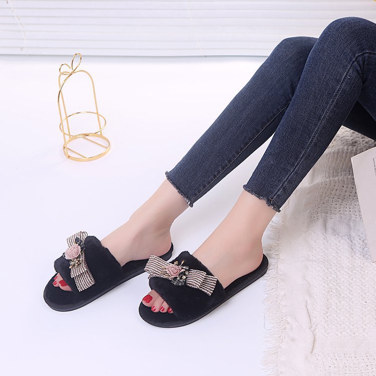 2024 light wind new arrival open slippers one word heattech women's fur slippers fall and winterfashiontrendy street cotton slippers