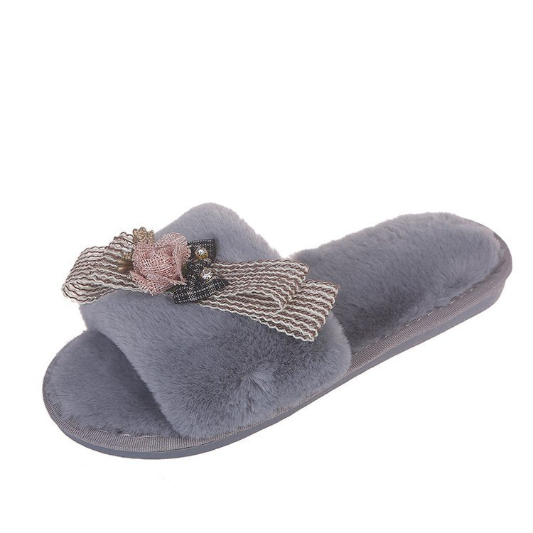 2024 light wind new arrival open slippers one word heattech women's fur slippers fall and winterfashiontrendy street cotton slippers