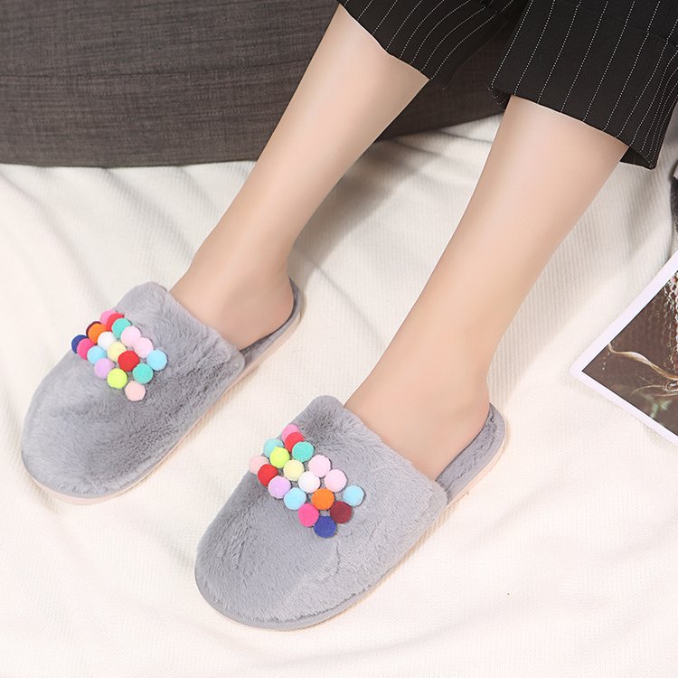 Casual fur ball couple cotton slippers winter men's and women's thickenedheattech slippers baotou fleece-lined plush cotton slippers wholesale