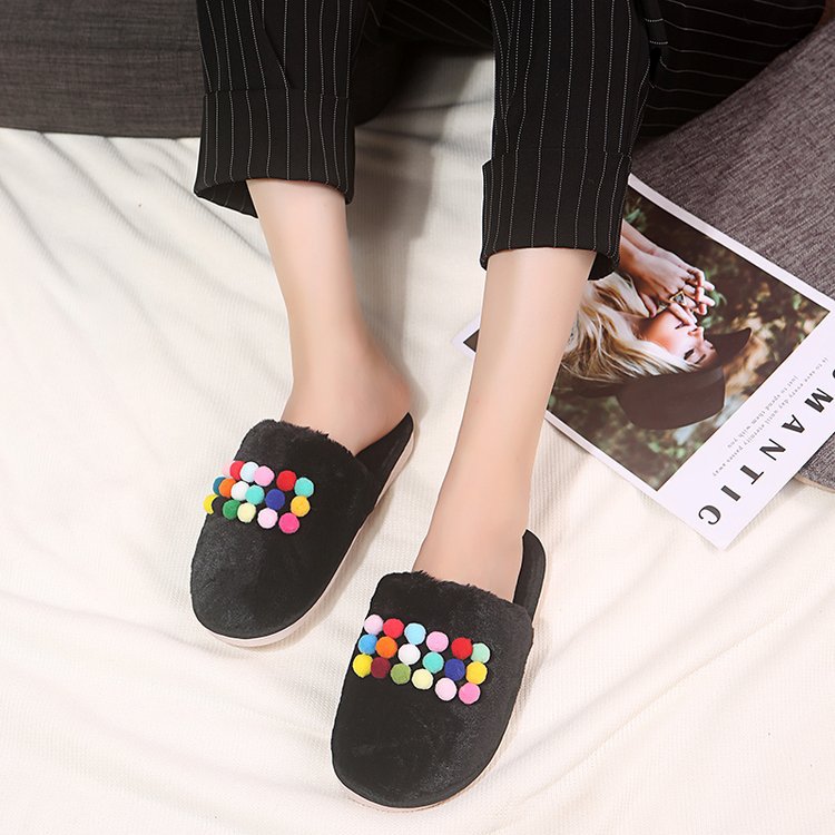 Casual fur ball couple cotton slippers winter men's and women's thickenedheattech slippers baotou fleece-lined plush cotton slippers wholesale