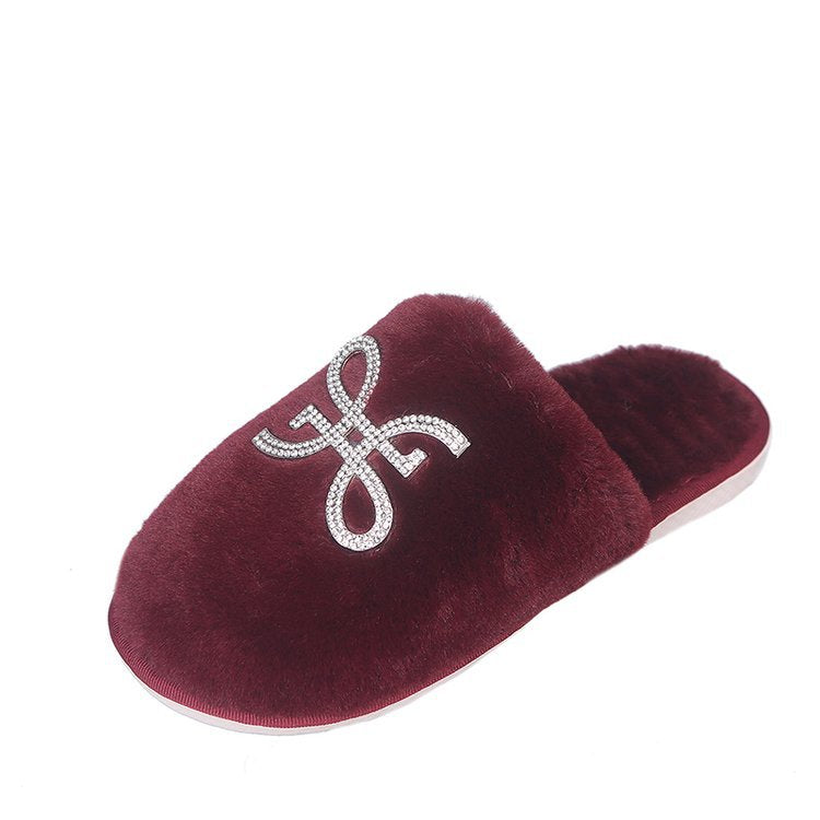 2024 new winter home cotton slippers indoor flat warm plush cotton slippers for men and women rhinestone toe cotton slippers